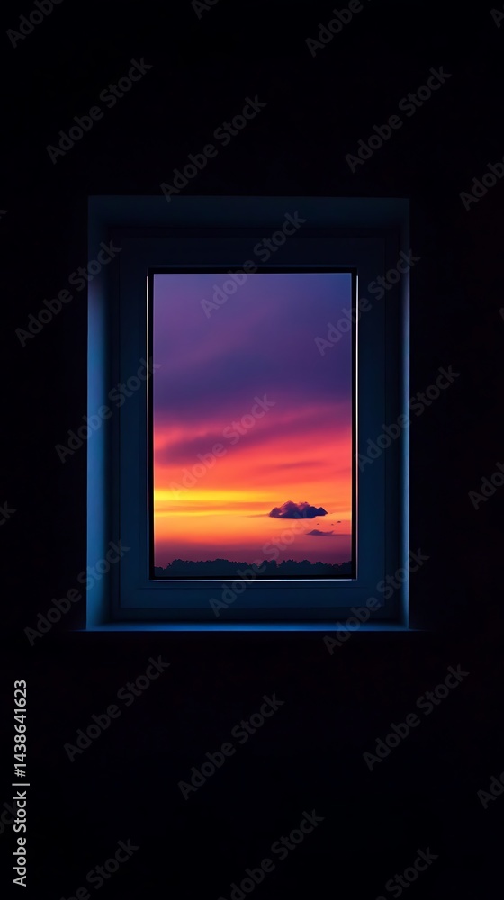 Poster sunset through the window of a room with a cloudy sky.