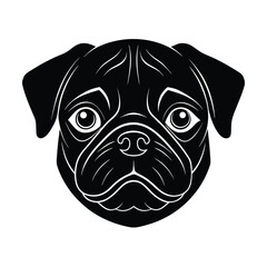 Black and white vector graphic of a pug head breed canine pet animal illustration