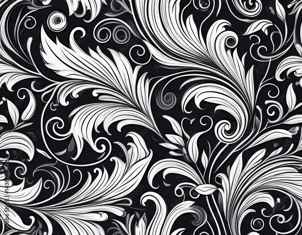 Poster seamless pattern with leaves and curls monochrome abstract floral background stylish monochrome text