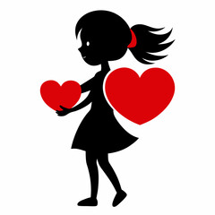 Silhouette girl a red heart in her hand on white background