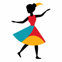 Silhouette girl dancing on stage wearing colorful dress with white background