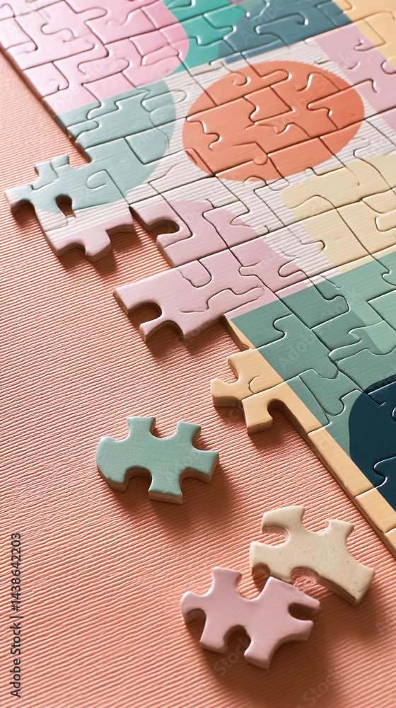 Aufkleber pastel-colored jigsaw puzzle pieces on a textured peach surface, some separated, representing proble