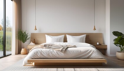 minimalistic design of a modern bedroom in white shades a double bed with a wooden headboard clean white linens and pillows