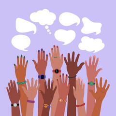 Group of diverse multiracial hands raised up and speech bubbles. Communication, opinions and idea exchange. Hand drawn vector vector illustration isolated on purple background, flat cartoon style.