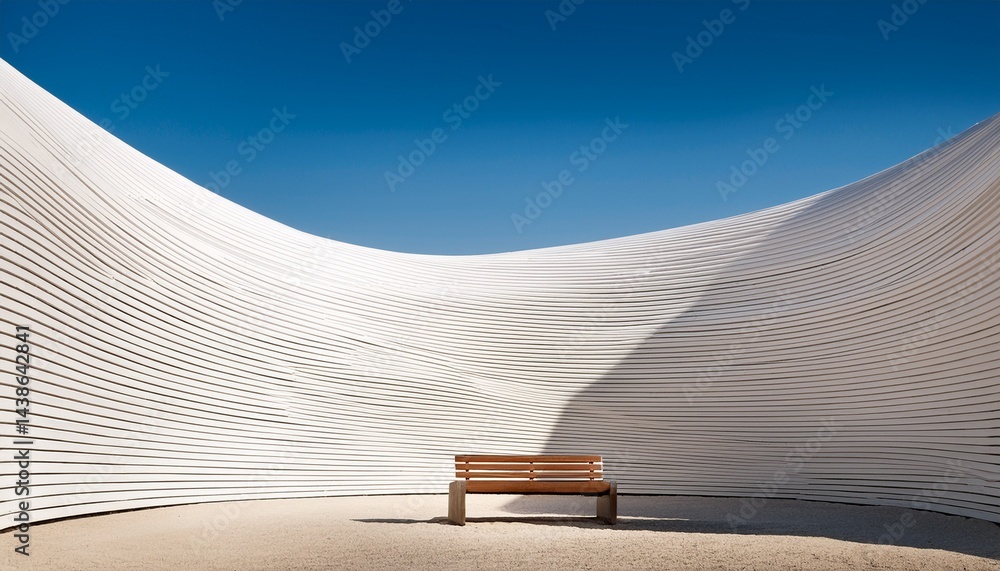 Poster white flowing modern architecture with repeating lines and simple bench under sunlight