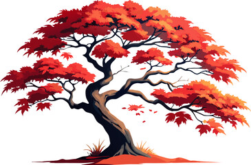 A watercolor vector of a Japanese Maple (Acer palmatum), featuring its delicate red leaves and elegant branching, isolated on a white background. 