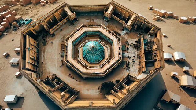 Unique aerial view of the historic architecture in Khiva, Uzbekistan at midday, Bird's Eye View Of Khiva, Uzbekistan