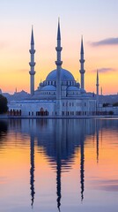 Fototapeta premium Mosque and Water Reflection at Sunset