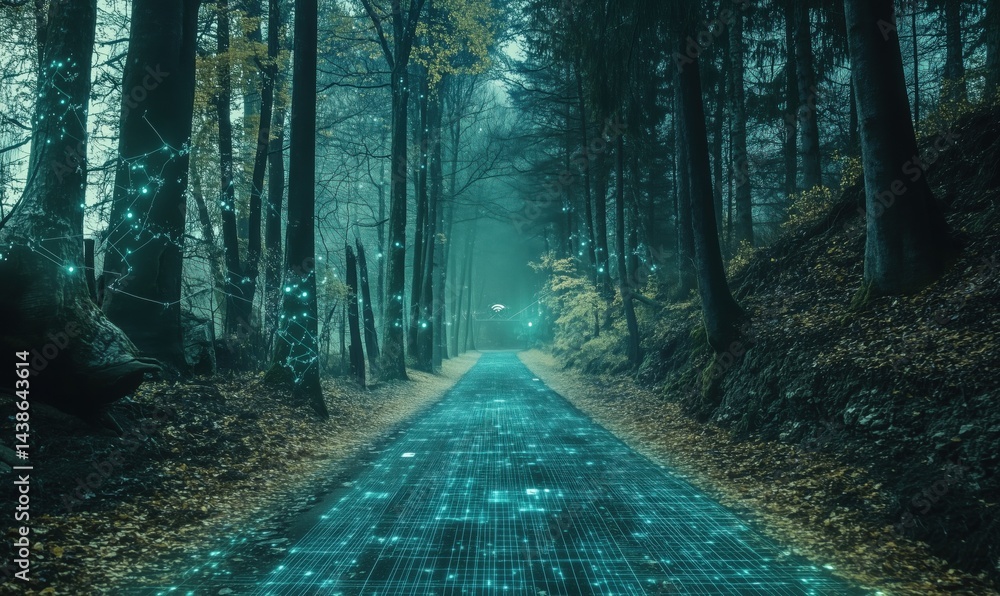 Poster digital forest pathway with glowing grid and data connections in autumn scenery