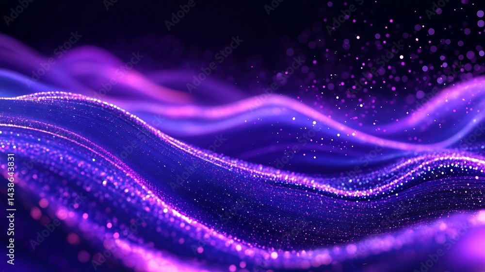 Poster 3d render, abstract background with glowing particles, flowing lines and waves