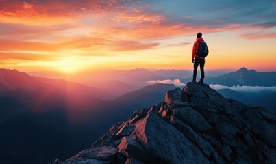 Fototapeta premium Hiker on Mountain Peak at Sunrise Overlooking Scenic Landscape