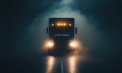 Mysterious truck illuminated by foggy night lights on deserted road