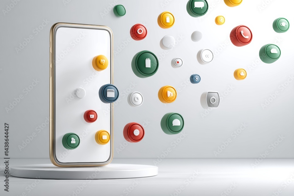 Aufkleber floating 3d phone icons surround a blank smartphone in a minimalistic setting