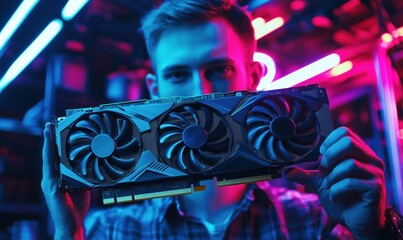 High-performance graphics card showcased by young man in neon-lit environment
