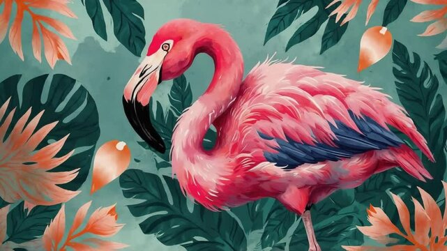 Pink flamingo standing amid tropical leaves and flowers  