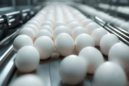 closeup of white chicken eggs on a conveyor belt. egg production