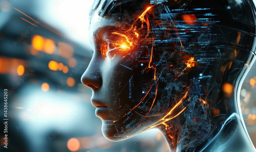 Poster futuristic humanoid robot with glowing circuitry and digital elements