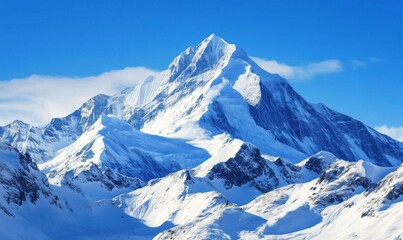 Majestic snow-capped mountain peak under clear blue sky with surrounding rugged terrain