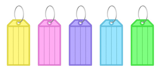 Set of multicolored key tags with split ring and window. Yellow, pink, purple, blue and green labels. Keyring, keychain