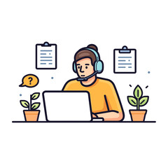 Remote Work - Person with headset working on laptop at desk  