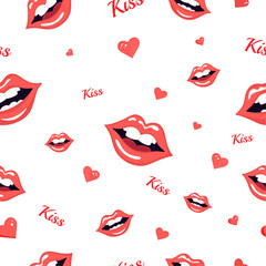 Seamless vector pattern with smiling red lips, cute hearts, and 