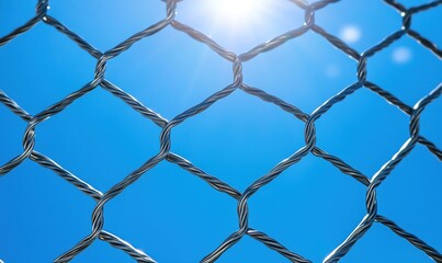 Naklejka premium Close-up of metallic wire mesh against bright blue sky and sun rays