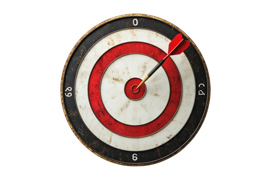 Red Dart Hitting Bullseye Target isolated on transparent background.