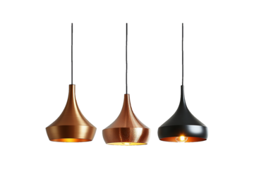 Three Modern Metal Pendant Lights isolated on transparent background.