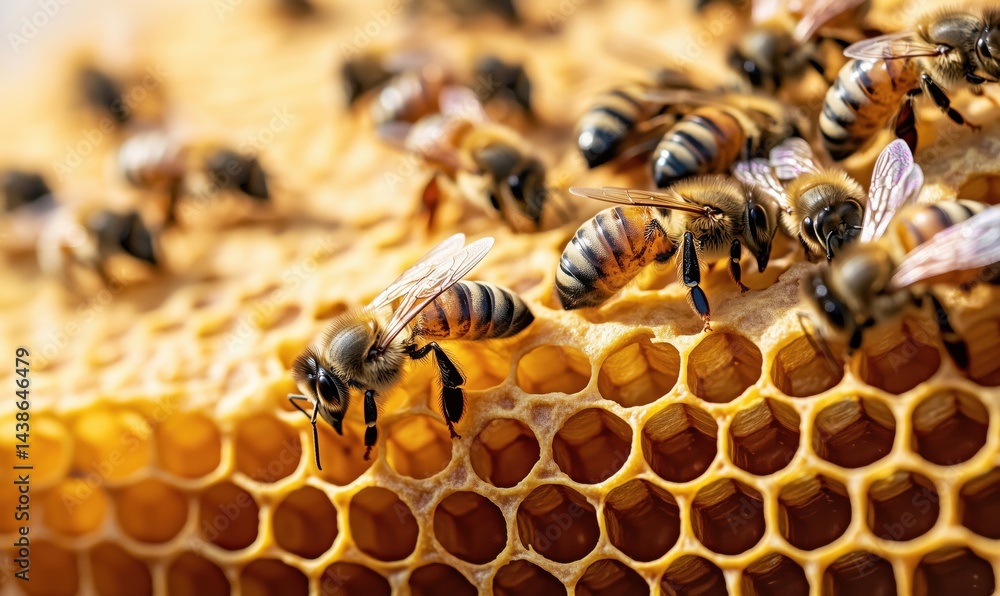 Poster close-up of honey bees on honeycomb showcasing intricate hive structure and activity