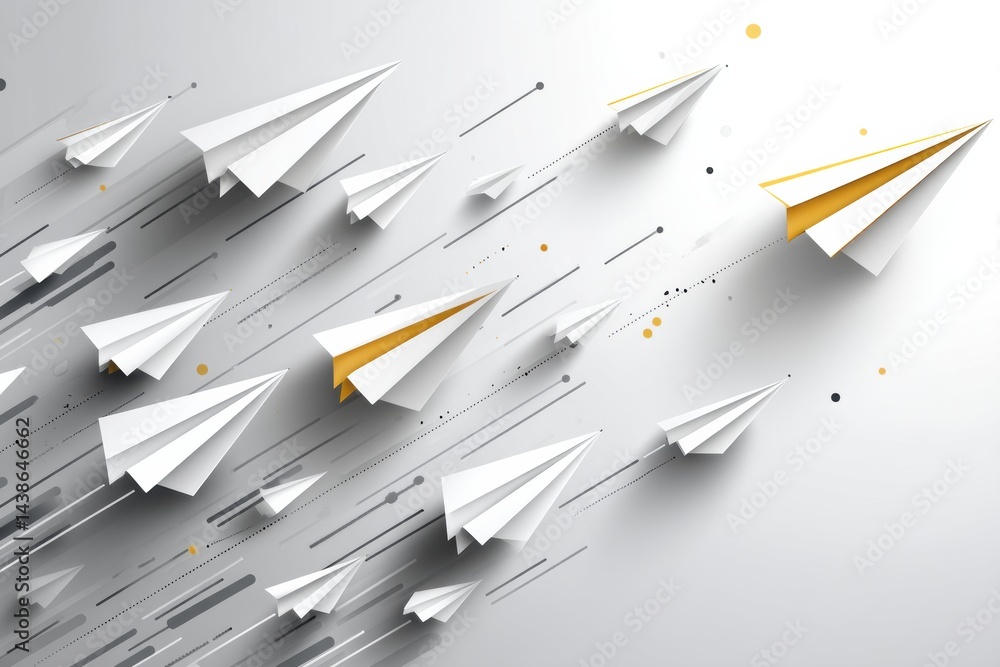 Poster several abstract paper planes flying upward in a creative depiction of business growth and progress 