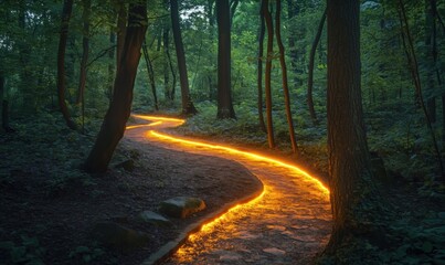 Fototapeta premium Illuminated winding path through forest with glowing orange trail at dusk