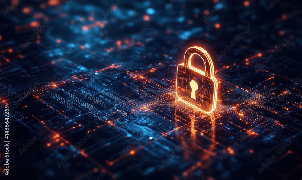 Poster digital security lock symbol glowing on circuit board background representing cybersecurity
