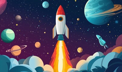 Rocket launching into space surrounded by planets and stars in colorful cosmic scene