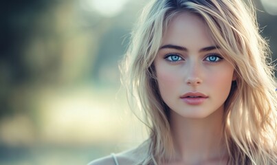 Naklejka premium Stunning close-up portrait of a young woman with blue eyes and blonde hair