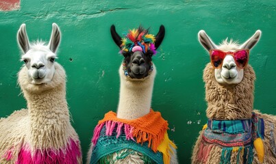 Fototapeta premium Colorful llamas with accessories posing against vibrant green background