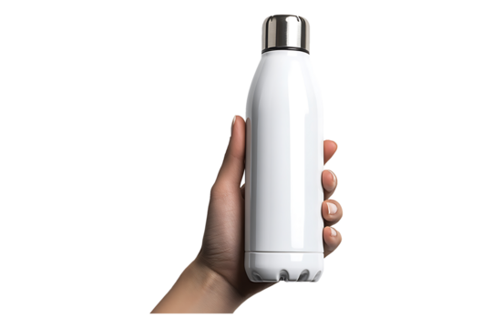 A clean modern white water bottle held in a hand isolated on transparent background.