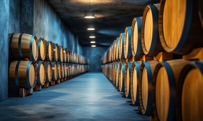 Wine cellar with rows of wooden barrels in a dimly lit environment