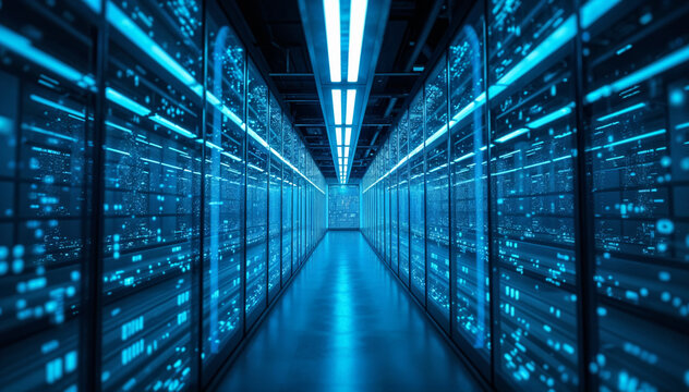 Futuristic Data Center Servers Network Technology Digital Infrastructure Blue Lighting in Server Room