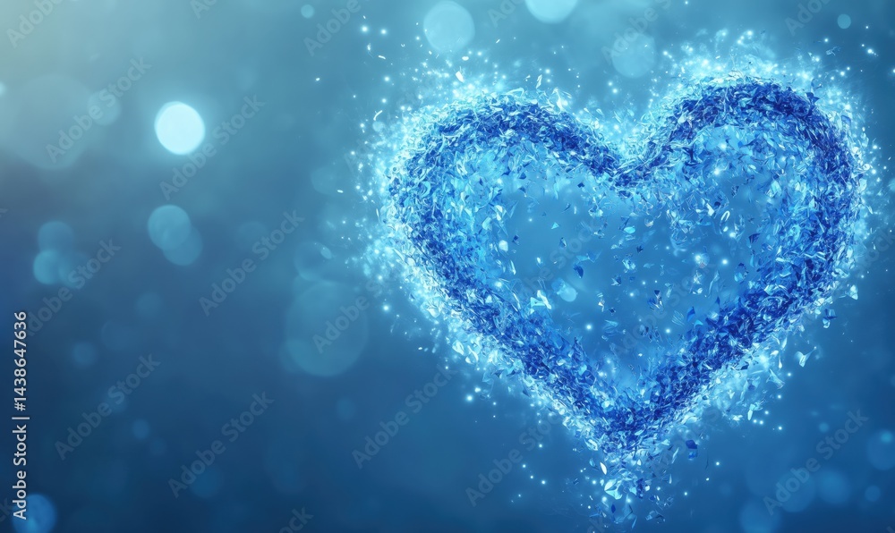 Poster blue heart shape made of sparkling shards on a soft blue background