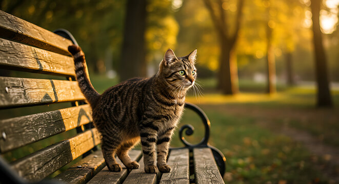 Tabby cat standing on wooden park bench in golden light, perfect for animal blogs and nature themes