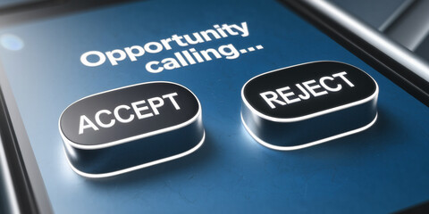 Close-up of blue screen showing "Opportunity calling..." with "Accept" and "Reject" buttons, symbolizing decision-making and choices, ideal for business or motivational concepts