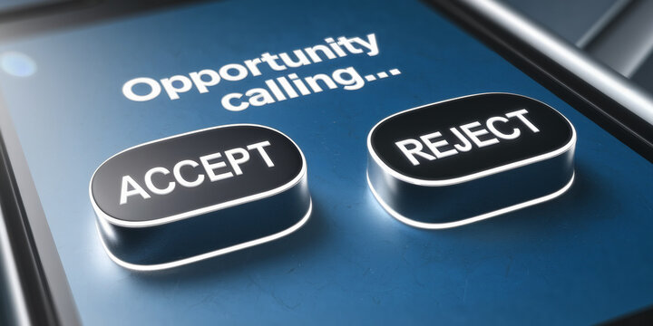 Close-up of blue screen showing "Opportunity calling..." with "Accept" and "Reject" buttons, symbolizing decision-making and choices, ideal for business or motivational concepts