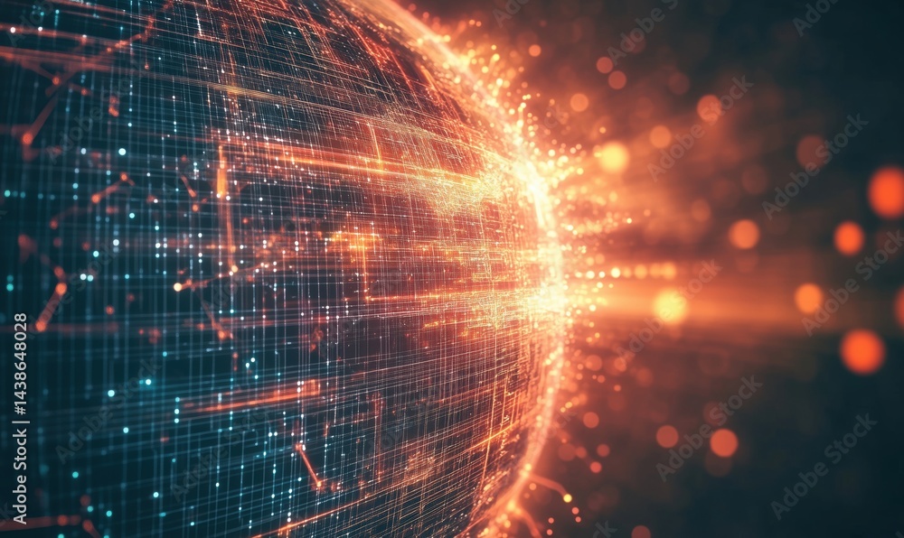 Poster Digital globe with glowing lines and particles representing data flow and connectivity