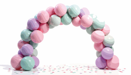 Festive balloon arch in pastel colors with confetti, celebration concept