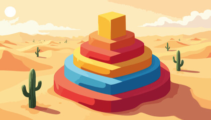 Colorful geometric cubes stacked in spiral formation, vibrant desert art