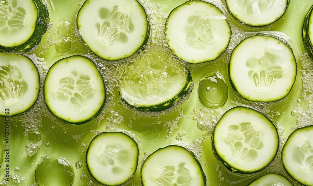 Poster fresh cucumber slices in sparkling water creating refreshing summer beverage background
