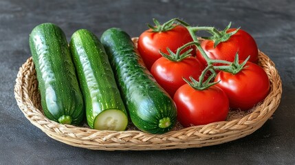 Zucchini & tomatoes in wicker basket on dark surface