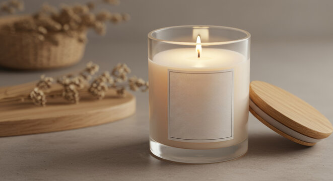 A lit scented candle in a transparent glass cup with a white label and a wooden lid lies nearby on a gray background. Coziness, relaxation, aromatherapy, home decor, spa, tranquility, romance.