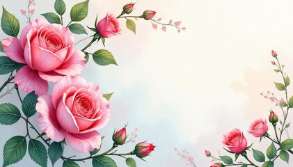 Delicate watercolor roses & buds, climbing vines , background, botanical, seamless