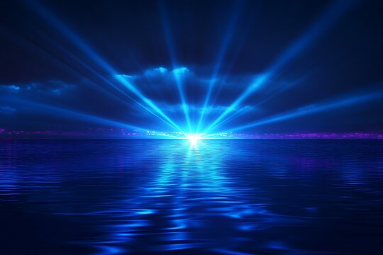 abstract blue light lines on dark water background. 3d rendering